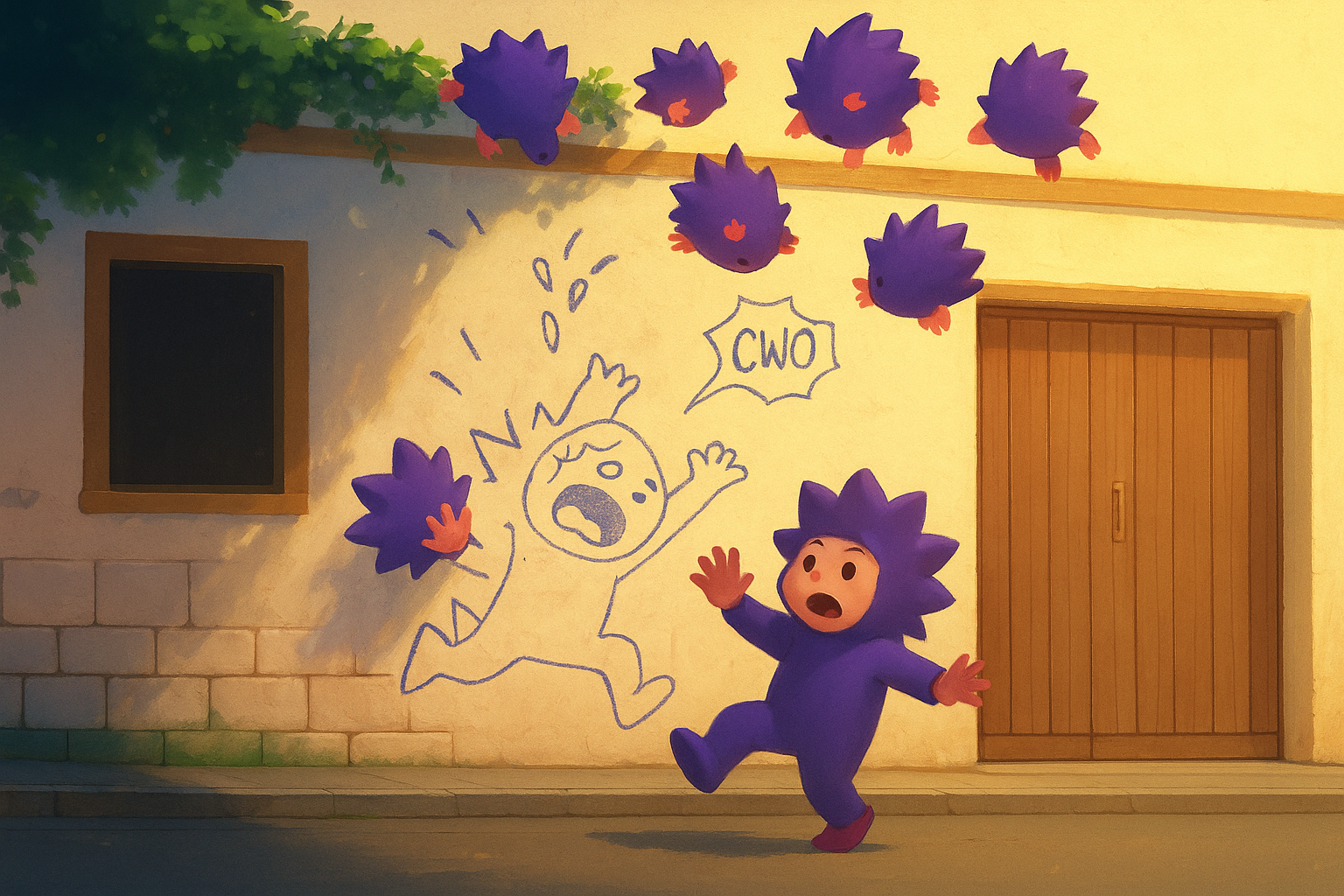 CHOG background - multiple purple spiky characters with graffiti wall
